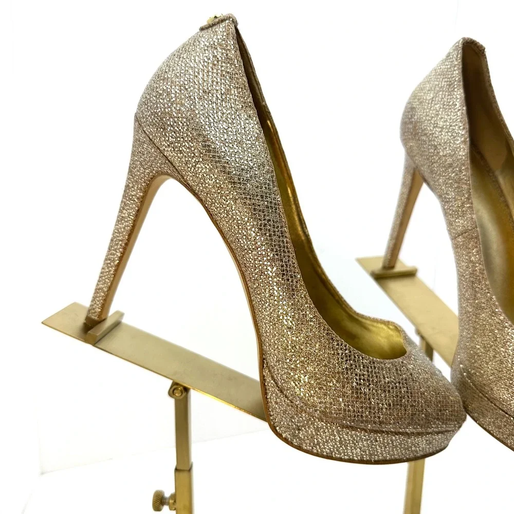 Michael Kors Gold Glitter Peep Toe Platform Pumps Stiletto Heels‎ Womens 9M